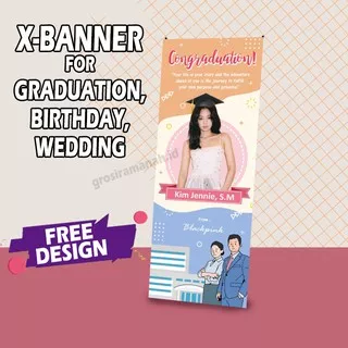 cetak banner + kerangka X untuk spanduk promosi atau wisuda wedding dll 60 cm x 160 cm free design 1jam jadi