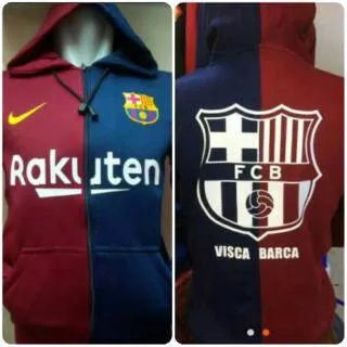 SWEATER ZIPPER HOODIE BOLA BARCELONA MERAH DONGKER