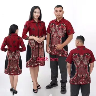 Couple Batik kemeja Pria - Dress Wanita Lengan 7/8 Warna Merah Maron Size S-M-L-XL-XXL-3L-4L-5L