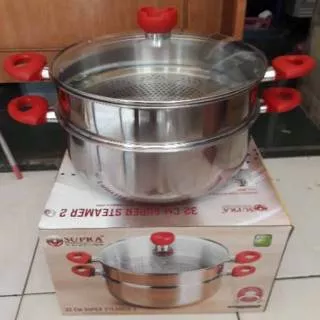 supra super steamer 32 cm 2 susun Panci Kukus Stainless Steel tutup kaca