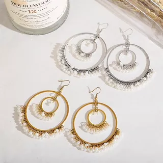 Vintage Ethnic Style Fashion Earrings 2020 Golden Alloy Ring Pendant Beaded Pearl Tassels Ladies Round Earrings Popular Jewelry