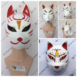 Kitsune Fox Rubah 0345 Mask Topeng Kayu Cosplay Anime Jepang Red Merah