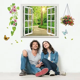 WALL STICKER JENDELA POHON HIJAU HUTAN WINDOW GREEN TREE FOREST STIKER DEKORASI DINDING