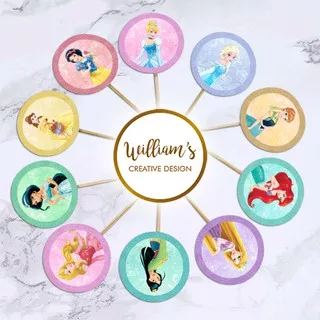 Hiasan Kue Cupcake Topper Bulat 5cm Princesses isi 10