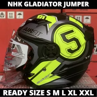 Helm NHK Gladiator Jumper Dark Grey Yellow Doff Double Visor Half Face - Helem Motor SNI DOT Touring Dewasa Pria Wanita Cewek Cowok Helmet Keren Terbaru Original