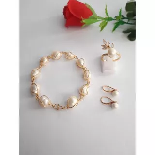 BERSERTIFIKAT SET PERHIASAN 3 IN 1 GELANG GIWANG ANTING CINCIN MUTIARA ALAMI AIR TAWAR PALOMA RHODIUM ANTI KARAT