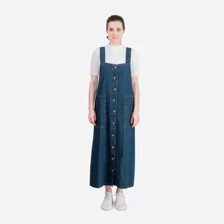 Isla Megan Dress Denim -  Basic Texture Tee - Pakaian Wanita - Long Overall Jeans - Denim Cotton