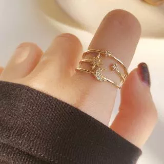 Three-layer Hollow Gold Rings Moon Star Beads Ring for Women Charm Ring Wedding Fashion Jewelry Party Gifts