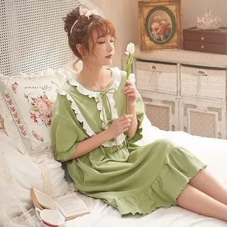 Emmie Sleepdress - Dream Tales Sleepwear - Daster Wanita Katun Lengan Pendek Ruffles Renda Korea