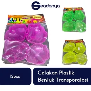 Cetakan Plastik Bentuk Transportasi 12pcs -Alat Cetak Coklat/Puding-Motif Mobil/Kapal/Kereta/Pesawat