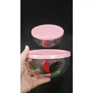 Mangkok Kaca tutup plastik souvenir cap ayam jago/mangkok sayur/tempat bekal Diameter 15cm