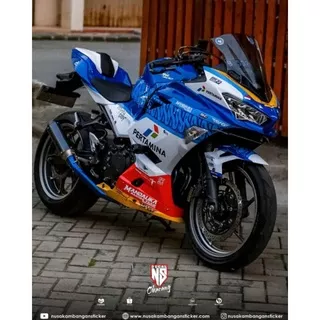 Decal Stiker Motor Kawasaki  Ninja 250 fi New Full Body Racing Team Mandalika Pertamina Biru Putih Sticker Custom Variasi Motif Karakter Original Qualitas Tinggi Kuat Tahan Lama Tranding Keren