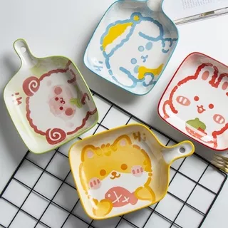 piring cantik wadah saji keramik dengan gagang pegangan motif lucu  / tray plate ceramic japanese style with handle