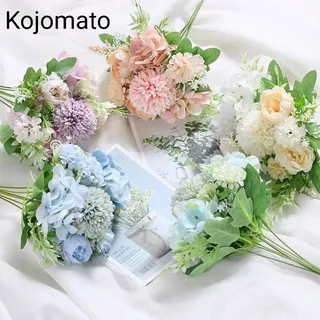 B063 Buket Bunga Mix Nordic Krisan Dandelion Hydrangea Tea Rose Peony Mawar bulat Artificial bunga hias plastik palsu imitasi buatan kain dekorasi seserahan hantaran mahar pesta pernikahan kamar tidur rumah ruangan cafe