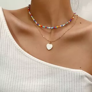 Kalung Choker Layer Susun Rantai manik liontin Hati Love korea impor