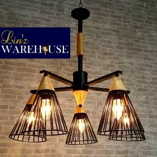 Lampu gantung cafe resto WOOD IRON CAGE 5 ARMS pendant light