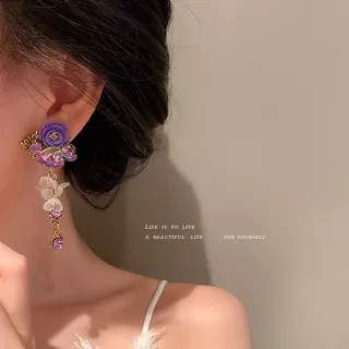 ?BELLA?925 Silver Needle Crystal Love Purple Flower Earrings