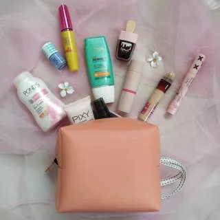 [belrin.id] Square Pouch - Teiga Salem. Pouch make up kosmetik serbaguna pink kulit sintetis