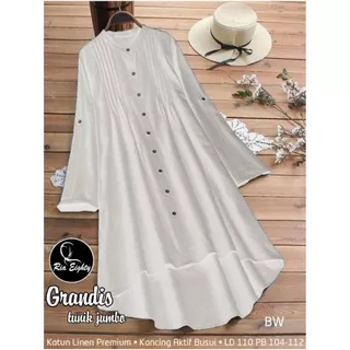 Grandis Long Tunik Polos Putih Mustard Katun Linen Premium Ld 110 Jumbo Fit XXL Busui Kancing By Ria