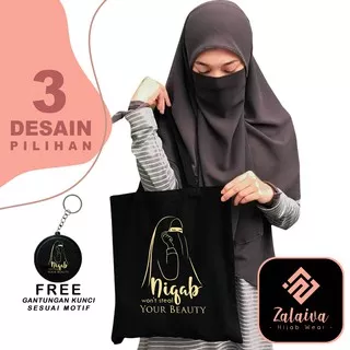 ZALAIVA ? Tote Bag Tas Muslimah Totebag Semi Canvas Motif Niqab Cadar / Perekat dan Resleting