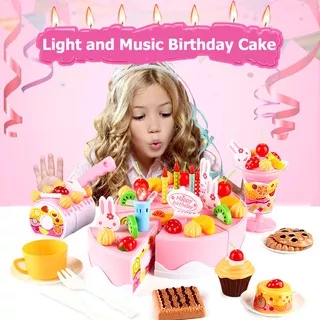 Mainan Kue Ulang Tahun DIY Birthday Cake 75 pcs dengan Musik dan Lilin Warna Pink