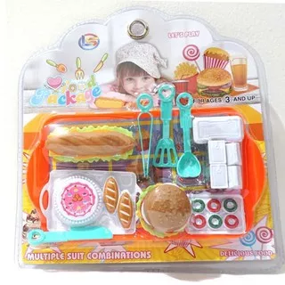 LF45 mainan anak burger hotdog donat / mainan anak makanan fast food / small tray double fast food