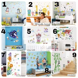 Wallsticker 60x90 Motif Kartun Unicorn Roket Panda Hewan Alfabet Map Hiasan Dinding Kamar Anak