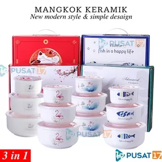 PUSAT17 MANGKOK KERAMIK SET 3PCS PENUTUP SEAL KEDAP UDARA / CERAMIC BOWL SET 3IN1 MANGKUK SOUVENIR KADO HADIAH GIFT BOX