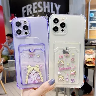 Cute Sailor Moon Clear Case iPhone 13 12 11 Pro Max X XR XS 7 8 Plus Casing Cartoon Anime Shockproof Card Holder Slot Wallet Corner Protection Transparent Soft Silicone Cover 8Plus 7Plus SE2020