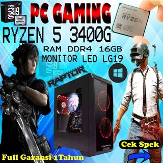 PC GAMING, AMD RYZEN 5 3400G, KOMPUTER GAMING, SSD 120GB HDD1TB RAM 16GB, MONITOR PC, LG 19INCH E58