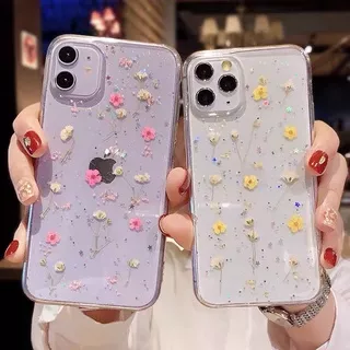 Omykod Csaing iPhone XR 11 13 Pro Max 7 Plus 12 Pro Max XS Max 8 7 6 6S Plus Real Dried Flowers luxury Soft Clear Floral Star Glitter Handmade Cover case