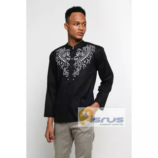 RISRUS FASHION KOKO ALINSKI KOKO PRIA LENGAN PANJANG BAJU MUSLIN KOKO COWOK SABLON KOKO PUTIH HITAM