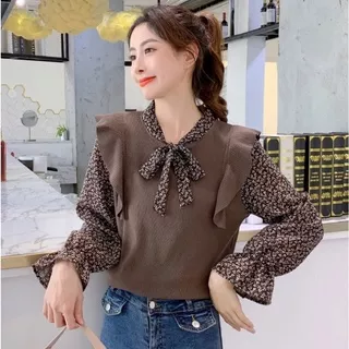 Belvy Tie Neck Knit Top | Belvy Combine Crop Top Wanita Korean Style - Blouse Lengan Baloon Ruffle Wanita