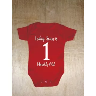 Baju Bayi 1 Bulan Merah Happy One Month GRATIS CUSTOM NAMA Pakaian Jumper Baby Romper Kaos Kado Baru Lahir Gift Hampers Newborn Jamper Laki Laki Jemper Perempuan 0-12 Bulan