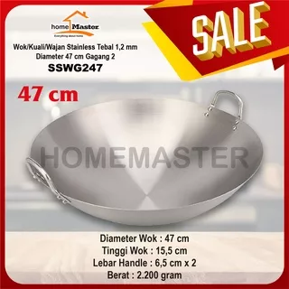 [SALE] HomeMaster Panci/Wajan/Wok Stainless/Baja Tahan Karat Tebal 1.2 mm Gagang 2 47 Cm SSWG247