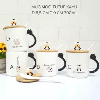 MUG KERAMIK GELAS KOPI CUTE COW MOO MOO TUTUP KAYU MUG HADIAH