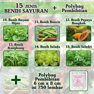 Paket Benih Sayuran Eceran 15 Jenis Bonus Polybag Pembibitan