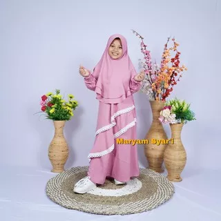 Bisa COD Gamis Anak Syari Polos Renda Set Khimar warna Pink (Bahan Wollycrepe)