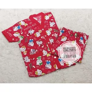 Piyama Katun Jepang Hello Kitty Baju Pendek Celana Panjang Tanpa Kerah All Size