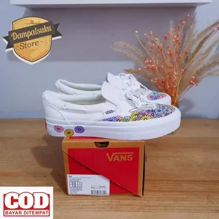 100% MIROR 1:1 VANS JAPAN X KRISGOTO SEPATU VANS SLIP ON WHITE CLASSIC MOTIF BUNGA SLIP ON PUTIH