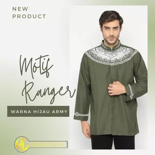 H&L Baju Koko Muslim Pria Lengan Panjang Motif Bordir Ranger - Warna Hijau Army dan Biru Muda