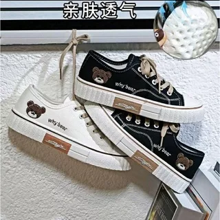 Sepatu Kasual Canvas Korea Wanita Import Why Bear Original Hitam Putih Beruang | Sepatu Kasual Sport Wanita | Sepatu Sekolah Korea