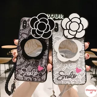 Case iPhone 12 Mini 11 Pro X XR XS Max SE 2020 6 6S 7 8 Plus 5 5S SE 2016 Hard Phone Case Motif Camellia Flower Mirror White and Black Lace Protective Case with Lanyard