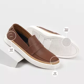 Moofeat Voster - Sepatu Sneaker Kulit Casual Pria Penny Loafers Coklat