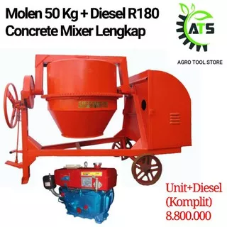 Pengaduk Semen Mesin Molen 50 kg Kilogram Penggerak Diesel R180 Concrete Mixer 50kg