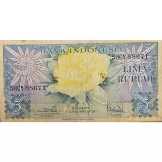 Uang Kuno Indonesia Seri Bunga 5 Rupiah tahun 1959 VF Original 100% Utuh