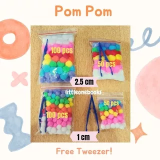 pom pom warna warni 1 cm & 2.5 cm isi 50 & 100 BONUS tweezer / capitan / mainan anak