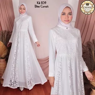 CHIANOZ Gamis Putih Ceruti Mewah Premium Sifon Brukat Renda Kaki Payung Fashion Muslim Wanita / Baju Lebaran Haji Umroh Umrah Manasik / Busana Muslim Gamis Pesta Wanita 859