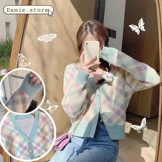 ?READY STOCK? Pastel Diamond Knit Cardigan Wanita Korea Atasan Import Premium