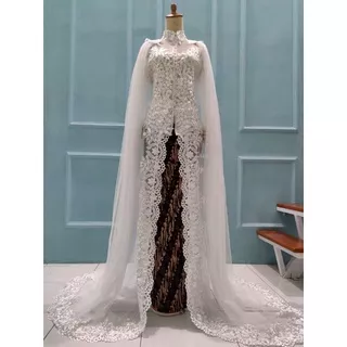 gaun pengantin ekor panjang/gaun pengantin kancing depan/gaun BUSUI/gaun pengantin wanita/Kebaya akad nikah